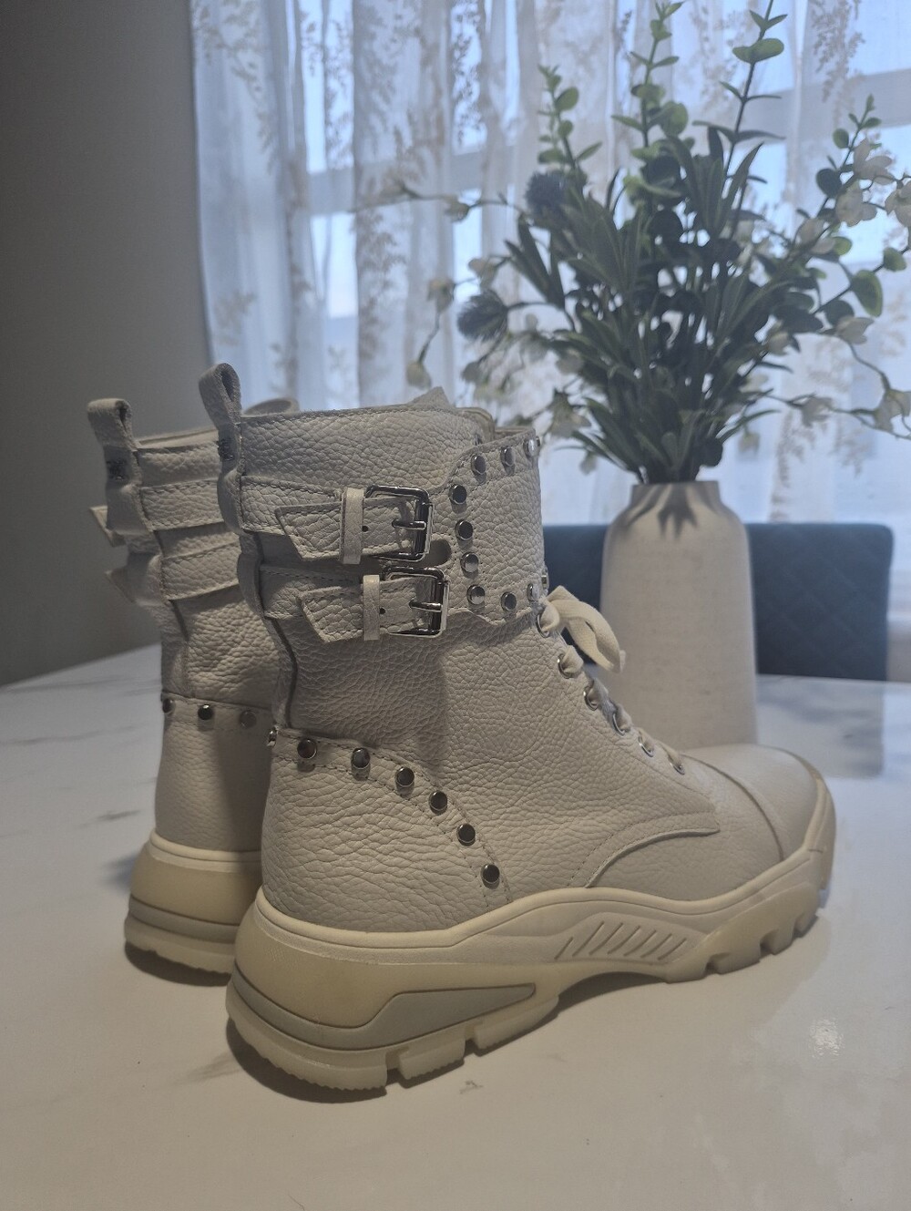 Sam Edelman Off-White Studded Leather Combat Boots with Buckle Straps